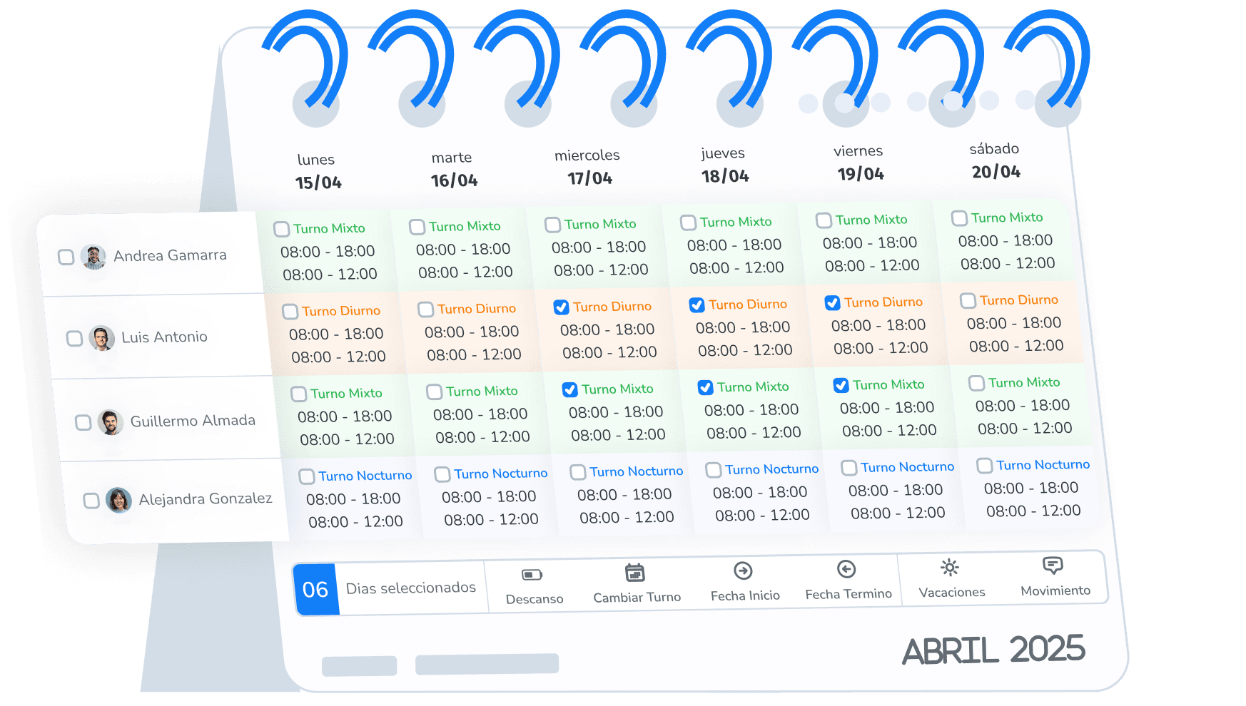 Calendario de gestión de RR.HH de Punto OK con turnos, vacaciones y movimientos del equipo